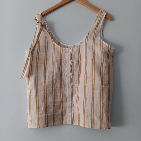 Sézane Rio Ecru Ocher Stripe Tie Shoulder Linen Blend Top 40/8 - Picture 4 of 9